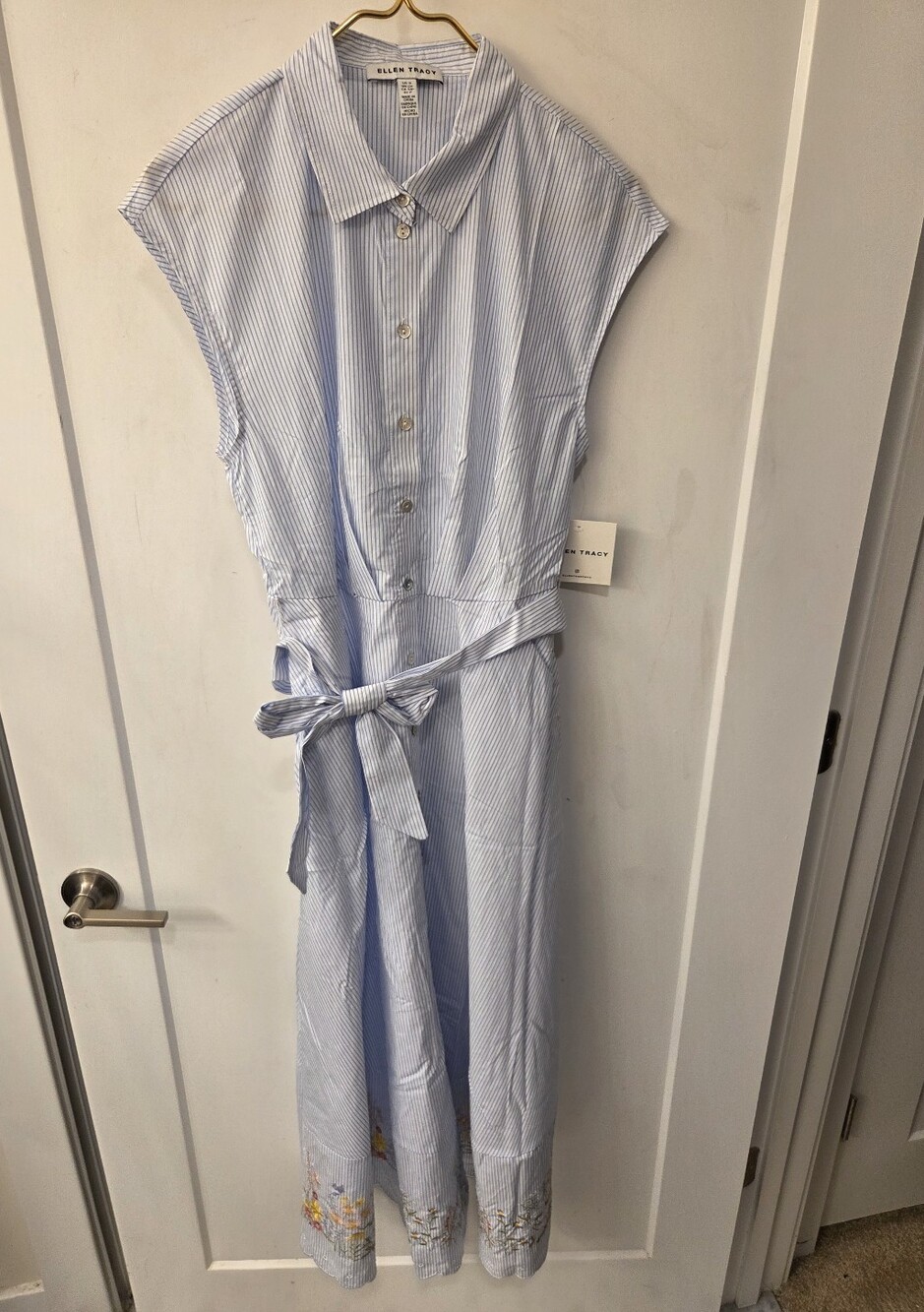 NWT - Ellen Tracy Cotton Blue Pinstripe Embroidered Hem Maxi Shirtdress - L - Picture 9 of 16